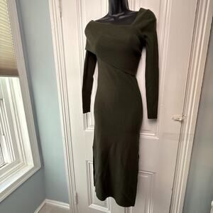 Dark Green Sweater Dress Womens XS Olive Knit Off Shoulder Winter Fall NWT
